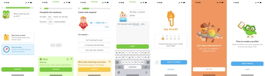 Duolingo onboarding steps.