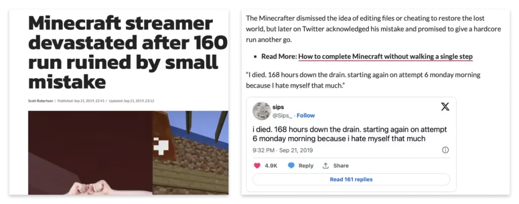 Headline: Minecraft streamer devastated after 160-hour run ruined by small mistake
